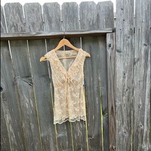 Tan Sheer-Lace Sleeveless Blouse
